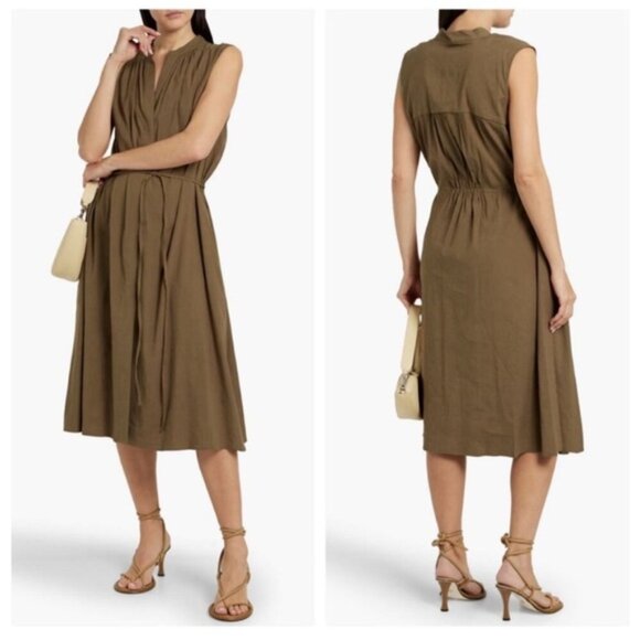 Vince Linen Blend Shirred Sleeveless A-Line Midi Dress Minimalist Brown Medium - Picture 1 of 9
